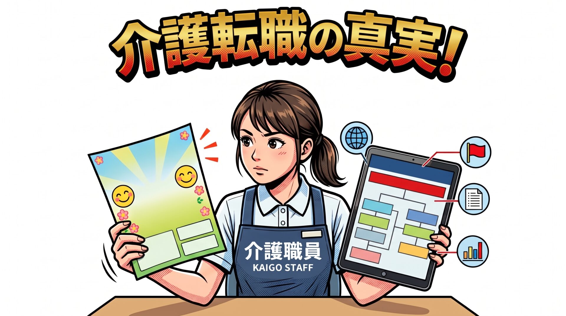求人票と公開データを見比べる介護職員のイラスト