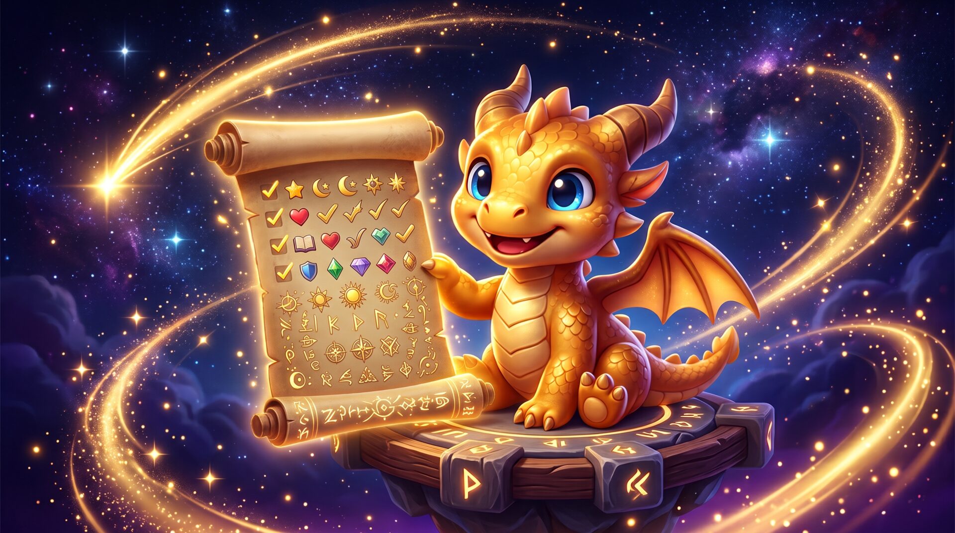 黄金の子ドラゴンが習慣トラッカーの巻物を掲げているイラスト