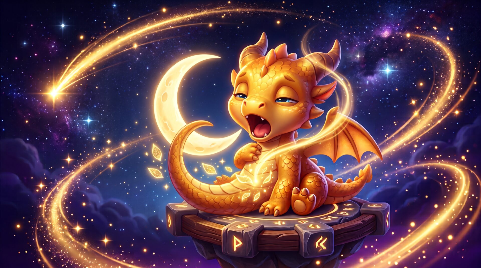 黄金の子ドラゴンが月夜に眠そうにしているイラスト
