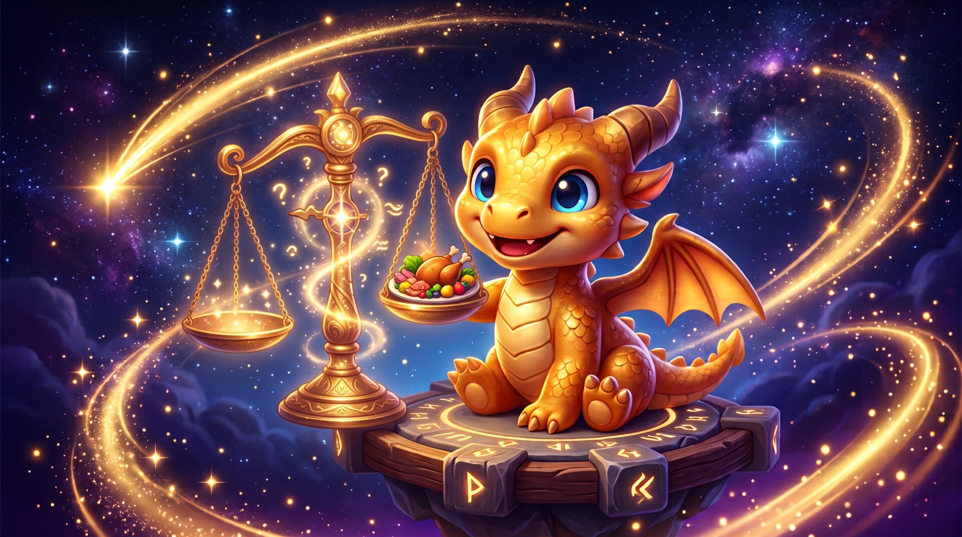 黄金の子ドラゴンが天秤で食事を計っているイラスト