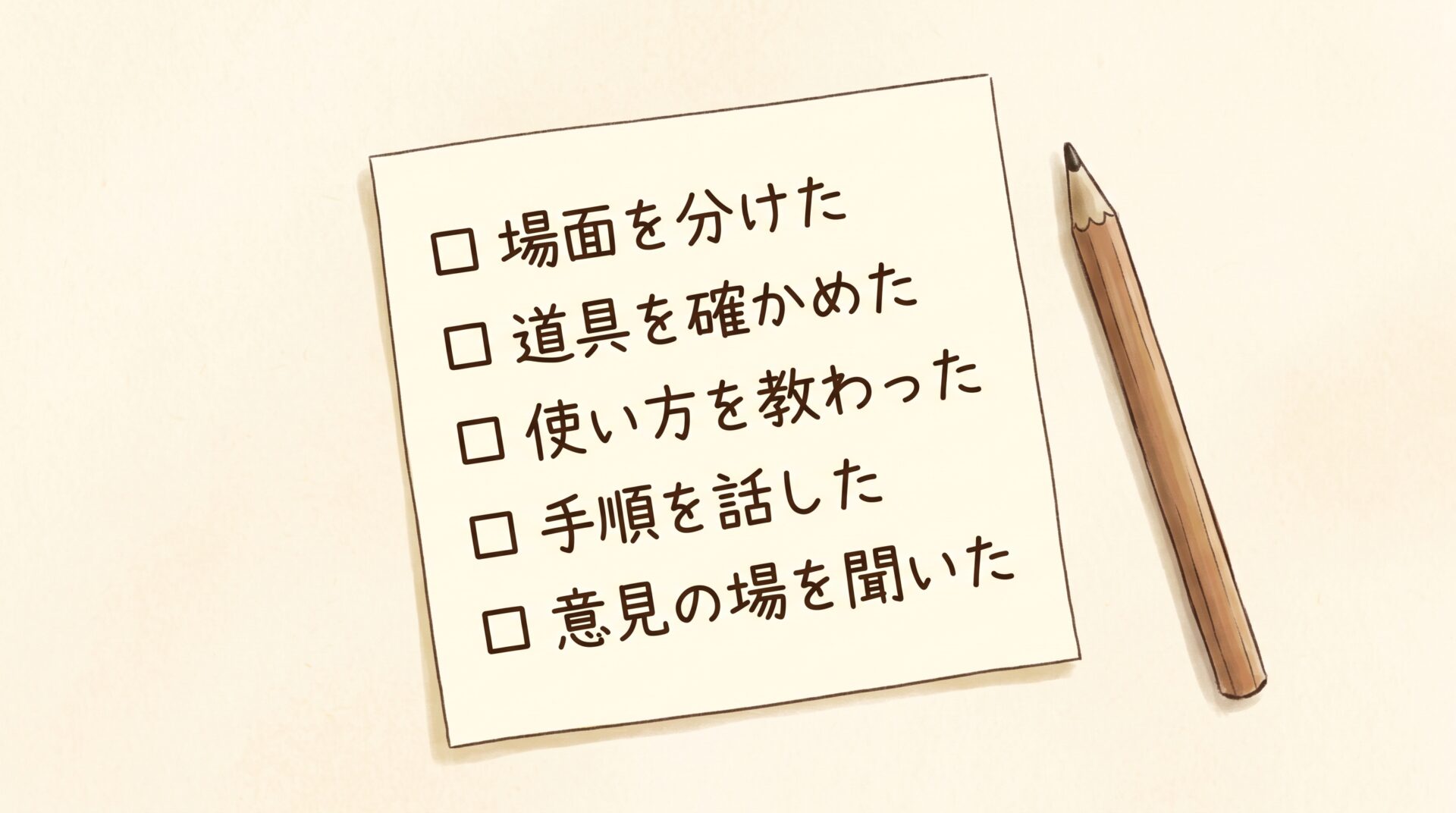 頼む前に確かめる5つのチェックを書いたメモ