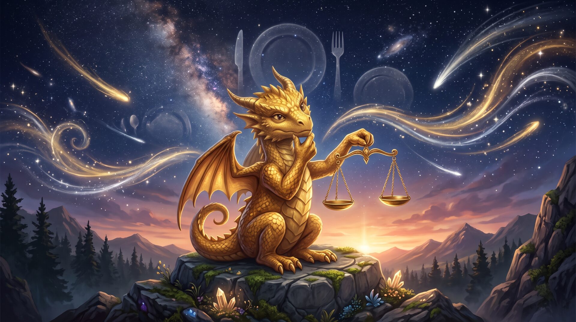 星空の下で天秤を持ち、首をかしげる黄金色の子ドラゴンのイラスト